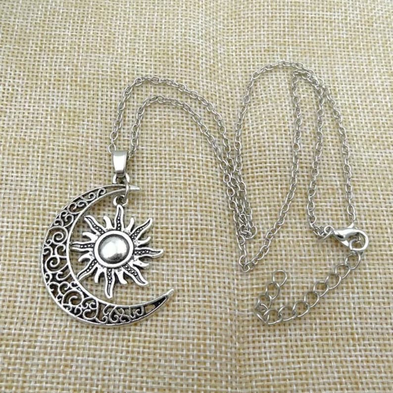 Crescent Moon Sun Pendant Necklace vintage gift for her sun jewelry bridesmaid necklace antique lucky charm