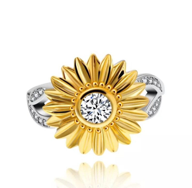 925 Sterling Silver Sunflower Ring Zircon Proposal Ring Etsy