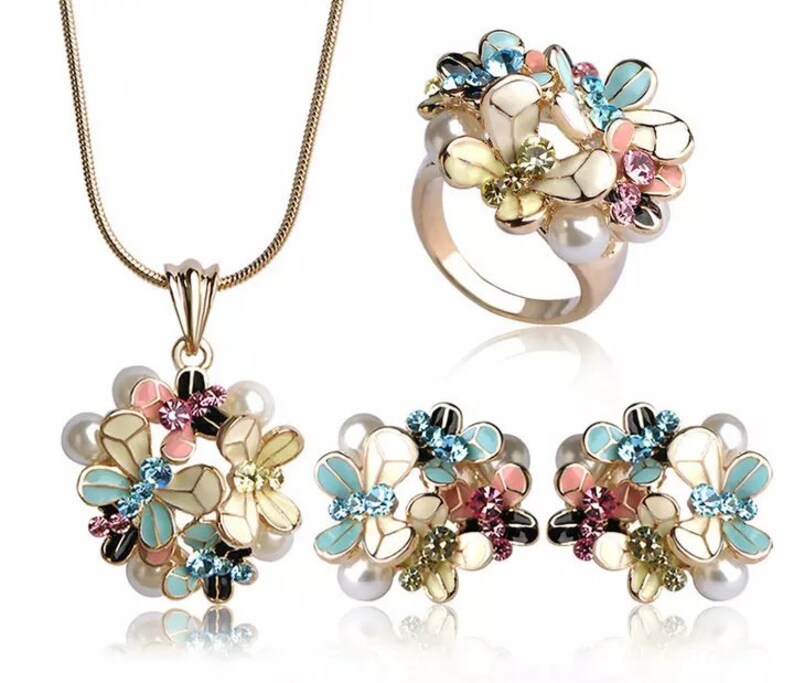 Butterfly Pearl Enamel jewelry set Pink Crystal Pendant Necklace stud Earrings Costume Jewelry valentines day gift flower girl gift dainty