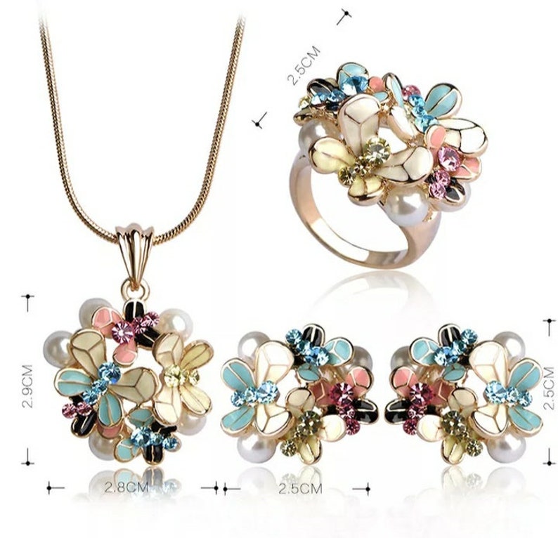 Butterfly Pearl Enamel jewelry set Pink Crystal Pendant Necklace stud Earrings Costume Jewelry valentines day gift flower girl gift dainty