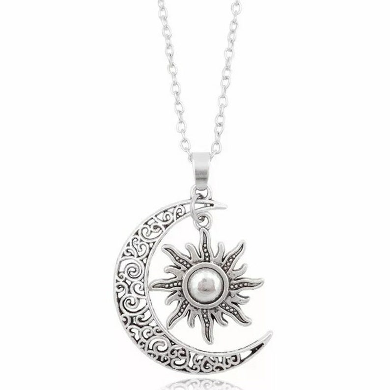 Crescent Moon Sun Pendant Necklace vintage gift for her sun jewelry bridesmaid necklace antique lucky charm