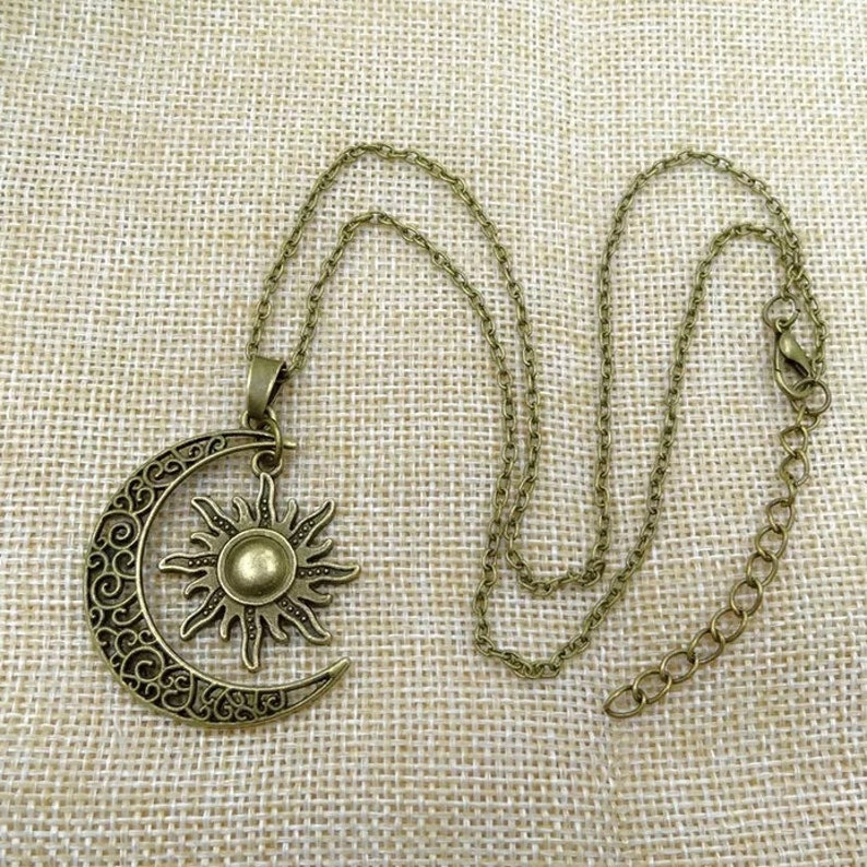 Crescent Moon Sun Pendant Necklace vintage gift for her sun jewelry bridesmaid necklace antique lucky charm