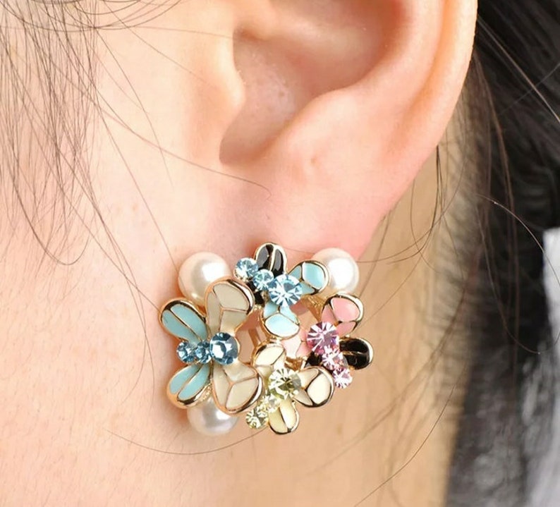Butterfly Pearl Enamel jewelry set Pink Crystal Pendant Necklace stud Earrings Costume Jewelry valentines day gift flower girl gift dainty