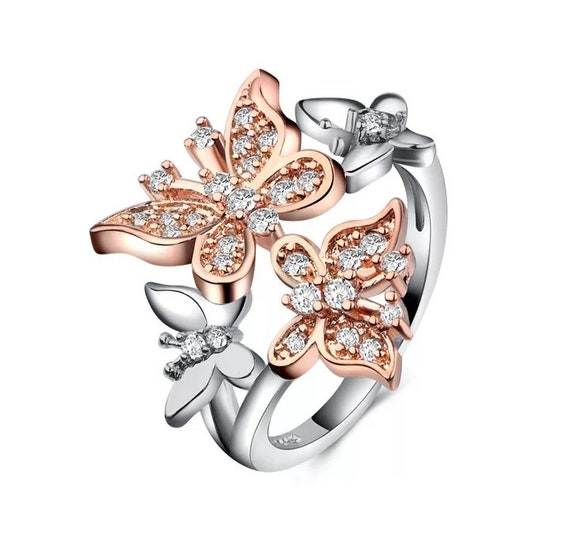 925 Sterling Silver Rose Gold Butterfly Ring Wedding Rings for - Etsy