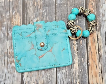 Turquoise and Leopard Wallet, Womens Wallet, Keychain Wallet, Silicone Keychain, Womens Wristlet, Wallet For Her, Fingerlet, Faux Leather