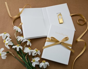 Personalized Wedding Photo Box, White Keepsake with Gold Foil, "Our Wedding Day" Embossed Storage