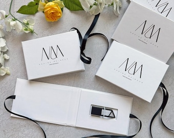 Minimalistische weiße USB Box, schwarzes Metall USB 3.0, personalisiertes Hochzeitsgeschenk