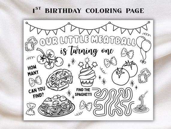 Little Meatball is Turning One Birthday Coloring Page | 1st Birthday Printable | Birthday Activity 1st Birthday Party | 8.5 x 11" Printable