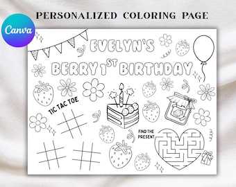 Berry 1st Birthday Coloring Page | 1st Birthday Printable | Birthday Activity 1st Birthday Party | 8.5 x 11" Printable