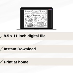 May include: A laptop displays a black and white coloring page with the text "Our Little Meatball is Turning One." The page includes illustrations of food and other objects. Below the laptop are three text blocks: "8.5 x 11 inch digital file", "Instant Download", and "Print at home."