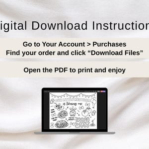 May include: A laptop displays a black and white coloring page with the text "OUR LITTLE MEATBALL is turning one." Instructions for digital download are above the laptop. The background is a white fabric.