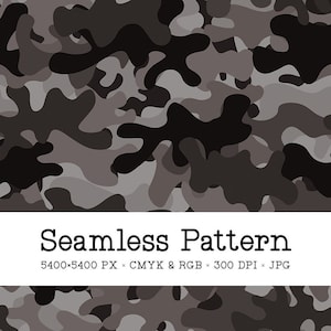 Black Camouflage Digital Paper, Camo Seamless Pattern, Dark Gray Military Background, Repeat File for Fabric Printing, POD Commercial Use