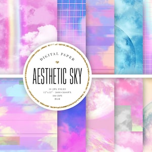 Aesthetic Backgrounds, Glitch Sky Digital Paper, Pastel Nebula, Pink Skies, Vaporwave Grid, Planet Scrapbook Paper, Commercial Use, 12x12