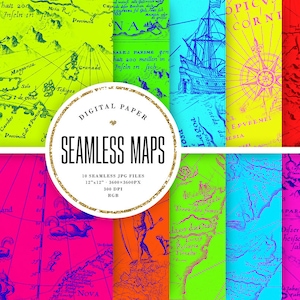 Neonowe zabytkowe mapy bezszwowe papiery cyfrowe, jasne wzory kafelkowe w stylu marynistycznym, stary album ze zdjęciami map, tła antycznych map, zastosowanie komercyjne