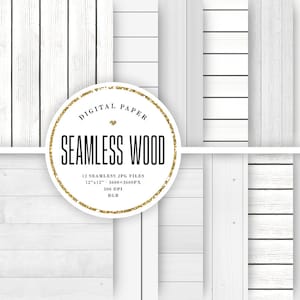 May include: Twelve seamless digital paper patterns featuring various white wood textures. Each pattern is 12 inches by 12 inches and 3600 pixels by 3600 pixels. The patterns are 300 DPI and in RGB color mode.