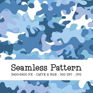 Pastel Blue Camo, Seamless Pattern, Camouflage Digital Paper, Military Background, Abstract Repeat File for Fabric Printing, Commercial Use