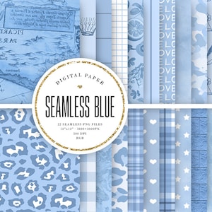 May include: A digital paper pack with 22 seamless patterns in shades of blue. The patterns include a map, leopard print, plaid, gingham, stars, hearts, and more. The pack is 12 inches by 12 inches and 300 DPI.