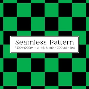 May include: Seamless pattern design featuring a grid of alternating black and green squares. The image includes the text "Seamless Pattern" in a white rectangle, along with resolution and color mode details.