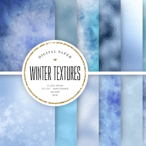 Winter Textures Digital Paper, Blue Watercolor Backgrounds, Frosted Glass, Winter Scrapbook Paper 12x12, Grunge Textures, Commercial Use