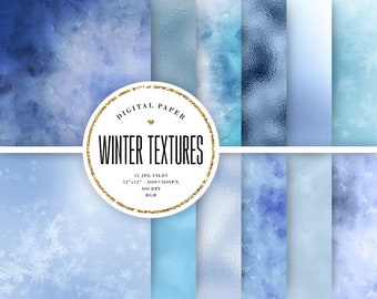 Winter Textures Digital Paper, Blue Watercolor Backgrounds, Frosted Glass, Winter Scrapbook Paper 12x12, Grunge Textures, Commercial Use