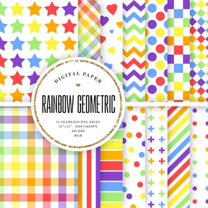 Rainbow Geometric Seamless Patterns, Colorful Digital Paper On White Backgrounds, Printable Scrapbook Paper, Kids Birthday, COMMERCIAL USE