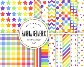 Regenbogen geometrische nahtlose Muster, bunte digitales Papier auf weißen Hintergründen, druckbare Scrapbook Papier, Kinder Geburtstag, KOMMERZIELLE NUTZUNG