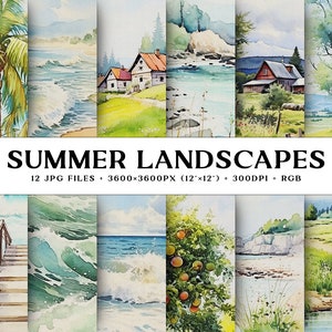 Summer Digital Paper, Digital Watercolor Illustrations, Beautiful Nature Landscapes, Sea, Beach, Trees, Fields Backgrounds, Commercial Use