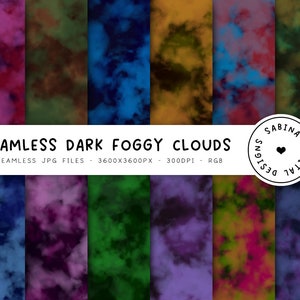 May include: A digital art print featuring twelve seamless dark, foggy cloud designs in various colors, including shades of pink, blue, green, and brown. The image includes the text "SEAMLESS DARK FOGGY CLOUDS" and "SABINA DIGITAL DESIGNS".