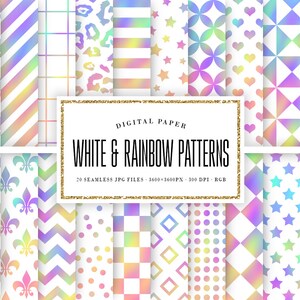 May include: A set of 20 digital paper patterns featuring white backgrounds with rainbow colored geometric shapes, stars, crowns, hearts, and other designs.  The text "DIGITAL PAPER WHITE & RAINBOW PATTERNS 20 SEAMLESS JPG FILES 3600×3600PX - 300 DPI RGB" is displayed in a gold frame.