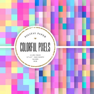 Cute Colors Digital Paper, Seamless Mosaic Patterns, Tileable Pixel Backgrounds, Candy Colors Craft Paper, Scrapbook Squares, Commercial Use