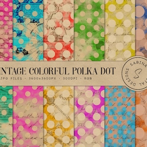 Vintage Polka Dot Digital Paper, Colorful Scrapbook Papers 12x12, Antique Abstract Backgrounds, Grungy Texture, Polka Dot & Ephemera Papers