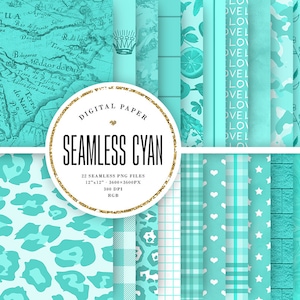 May include: A digital paper pack with 22 seamless patterns in cyan blue. The patterns include a vintage map, leopard print, gingham, stripes, hearts, stars, and more. The pack is 12 inches by 12 inches and 300 DPI.