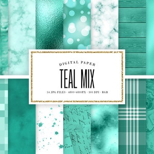Teal Digital Paper Set, Turquoise Backgrounds, Blue Green Textures Mix, Big Scrapbook Paper, Watercolor, Bokeh, Rippled Glass COMMERCIAL USE