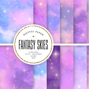 Fantasy Sky Digital Paper, Magische achtergronden, Purple Clouds Scrapbook, Heaven, Pastel Stardust, Dreamy Aesthetic Galaxy, COMMERCIEEL GEBRUIK
