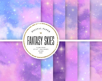 ファンタジースカイデジタルペーパー、魔法の背景、紫色の雲のスクラップブック、天国、パステルスターダスト、夢のような美的銀河、商用利用