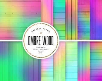 Ombre Wood Digital Paper, Gradient Wood Backgrounds, Rainbow Wooden Texture Backdrop, Colorful Scrapbook, Lights On Wood, COMMERCIAL USE