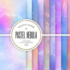 Puede incluir: Un conjunto de 10 fondos de papel digital con nebulosas pastel con un efecto brillante. Los papeles son de 30,5 cm por 30,5 cm y 300 DPI.