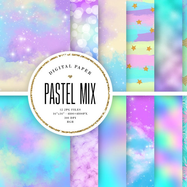 Pastel Mix Digital Papers, Iridescent Backgrounds, Mermaid Ombre Scrapbook Paper, Abstract Textures, Nebula & Stars, Flowers, COMMERCIAL USE