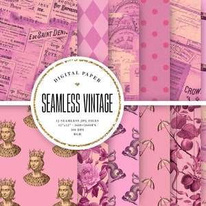 May include: A set of 12 digital paper designs in a vintage style. The papers feature a variety of patterns, including polka dots, floral designs, and a king's portrait. The papers are all in shades of pink and purple.