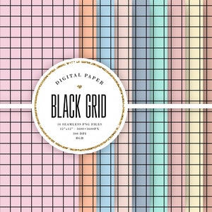 May include: A digital paper pack featuring 10 seamless grid patterns in a range of pastel colours. Each pattern is 12 inches by 12 inches and 3600 pixels by 3600 pixels. The grid lines are black. The text "DIGITAL PAPER BLACK GRID" is in a gold circle with glitter.