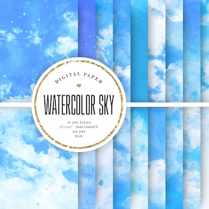 Aquacolor Sky Digital Paper, Aquarelle Clouds Achtergronden, Abstract Blue Skies Textures, Dawn Scrapbook Paper, Azure, 12x12 Commercieel Gebruik