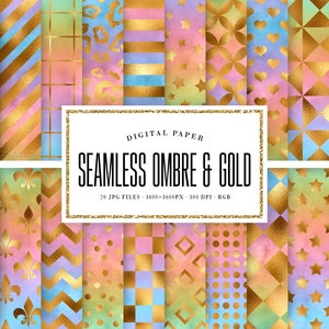 Ombre and Gold Seamless Digital Paper, Gradient Backgrounds, Colorful Geometric Patterns, Gold Foil Stripes, Polka Dot, Stars COMMERCIAL USE