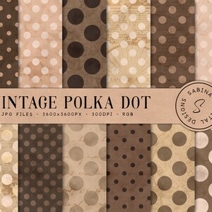 Vintage Polka Dot Scrapbook Papers, Antique Digital Paper 12x12, Beige Polka Dots & Ephemera Backgrounds, Brown Polka Dot, Commercial Use