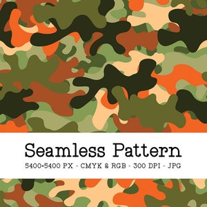 Camo Seamless Pattern, Autumn Woodland Camouflage Digital Paper, Military Background, Repeat File for Fabric Printing, POD Commercial Use