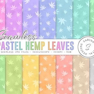 May include: A set of 14 digital paper patterns featuring pastel colored backgrounds with white hemp leaf designs. Seamless pastel hemp leaf digital paper.