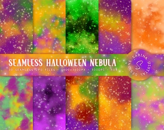 Papel digital del cielo de Halloween, fondos de nebulosa sin costuras, galaxia colorida, papeles de álbum de recortes de espacio brillante 12x12, cielo estrellado, uso comercial
