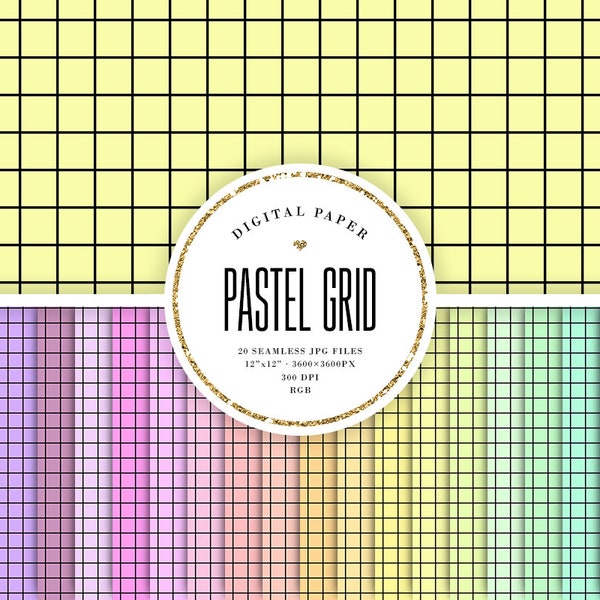 Vaporwave Grid Patterns, Seamless Graph Digital Paper, Black Grid On Pastel Backgrounds, Simple Geometric Scrapbook, POD & Commercial Use