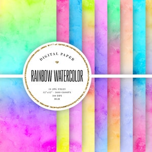 Rainbow Watercolor Digital Paper, Watercolour Texture Backgrounds, Vivid Scrapbook Paper, Grunge Ombre, Colorful Blur, 12x12 Commercial Use
