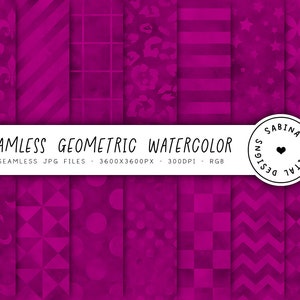 May include: A set of 14 digital paper patterns featuring geometric designs in a vibrant magenta colour. The patterns include stripes, polka dots, stars, and various geometric shapes. The text "SEAMLESS GEOMETRIC WATERCOLOR" is displayed at the top of the image.