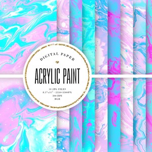Acrylverf Digitaal Papier, Roze & Blauwe Vloeibare Inkt achtergronden, Abstract Painting Textures, Card Making Supply, US Letter, Commercieel Gebruik